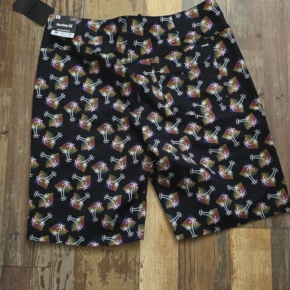 Hurley Men's Board Shorts Swim Trunks Black Palm Trees Size 32 NWT‎